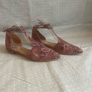 Zilian Pink Snake T-Strap Ankle Tie Flats 37